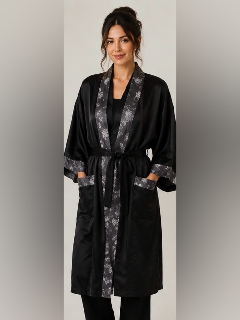 Reversible Dragon Kimono Robe Embroidered Black Satin Asian L XL Belted